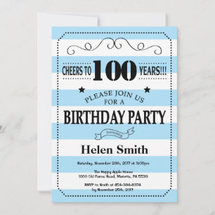 100th Birthday Invitation Blue and White Stripes