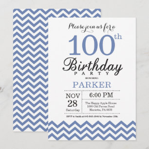 100th Birthday Invitation Blue Chevron