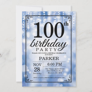 100th Birthday Invitation Blue Glitter