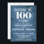 100th Birthday Invitation Blue Linen Rustic Cheers<br><div class="desc">A rustic 100th birthday party invitation in blue linen with white type that says cheers to 100 years. Great for casual birthday celebrations. Suitable for men's or women's birthday parties.</div>