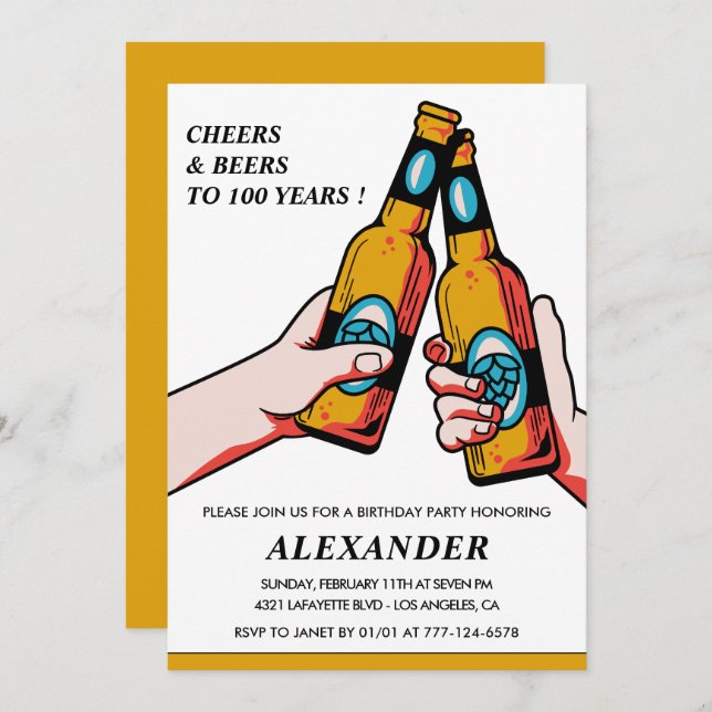 100th birthday invitation Cheers Beers Men Vintage (Front/Back)