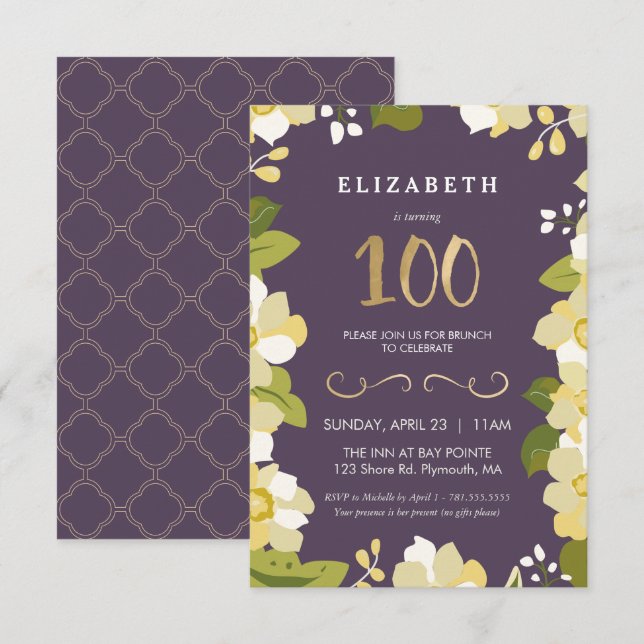100th Birthday Invitation Customise Floral w/ Gold (Front/Back)