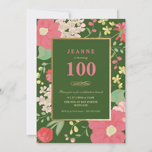 100th Birthday Invitation - Gold, Elegant Floral (Front)