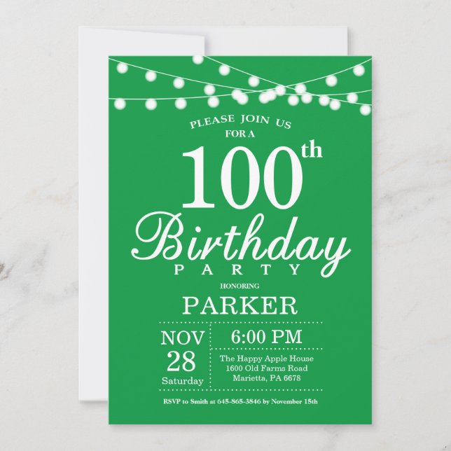 100th Birthday Invitation Green (Front)