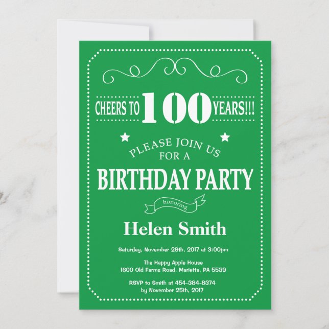 100th Birthday Invitation Green and Whit (Front)