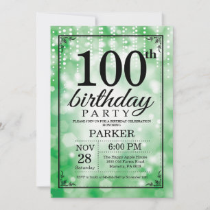100th Birthday Invitation Green Glitter