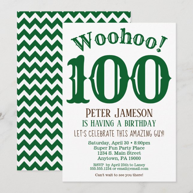 100th Birthday Invitation Mens Green Brown (Front/Back)