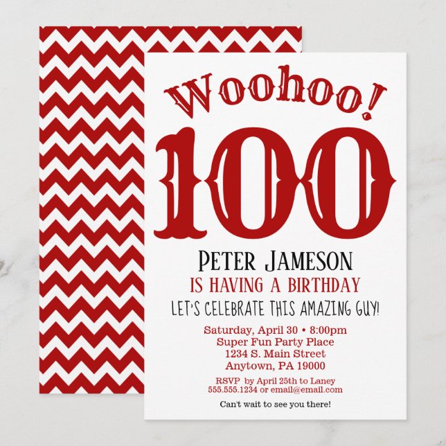 100th Birthday Invitation Mens Red Black (Front/Back)