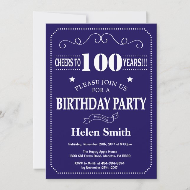 100th Birthday Invitation Navy Blue and Whit (Front)