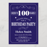 100th Birthday Invitation Navy Blue and Whit