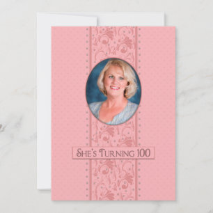 100th Birthday Invitation, Pink &Feminine, Photo Invitation