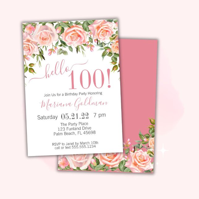 100th Birthday Invitation Pink Floral Modern Party (Creator Uploaded)