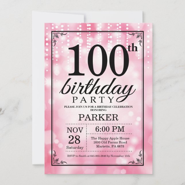 100th Birthday Invitation Pink Glitter (Front)