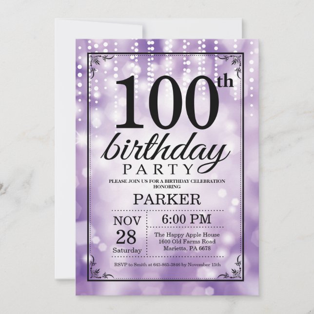 100th Birthday Invitation Purple Glitter (Front)