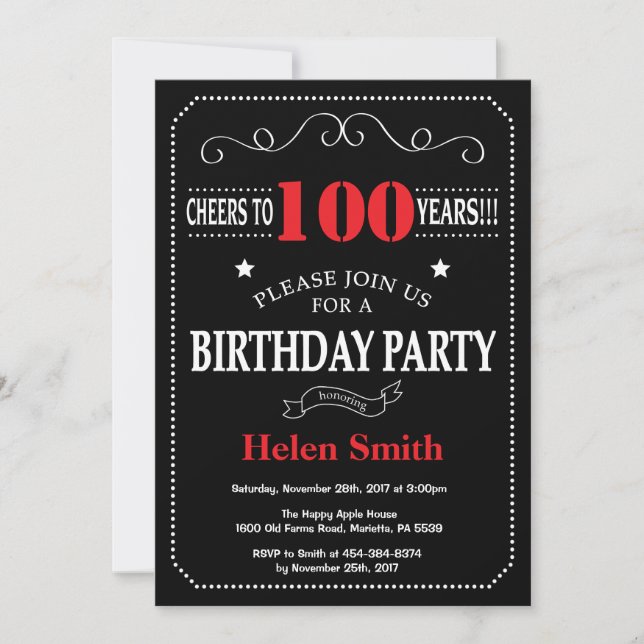 100th Birthday Invitation Red and Black Chalkboard (Front)