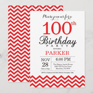 100th Birthday Invitation Red Chevron