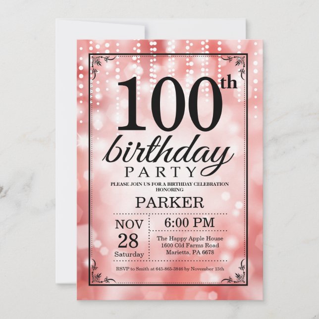 100th Birthday Invitation Red Glitter (Front)