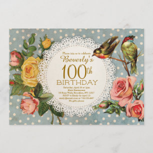 100th Birthday Invitation Roses Floral Birds Blue