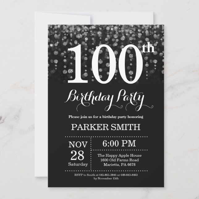 100th Birthday Invitation Silver Glitter (Front)