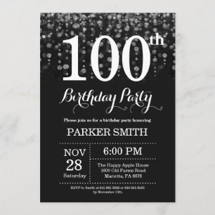 100th Birthday Invitation Silver Glitter