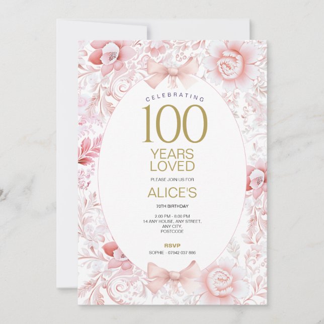 100th Birthday Invitation Women Pink Floral Toile  (Front)