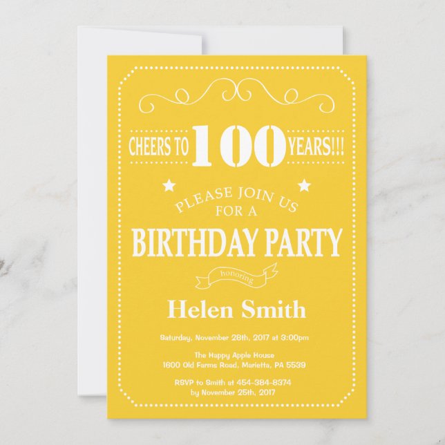 100th Birthday Invitation Yellow and Whit (Front)