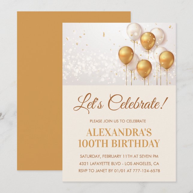 100th birthday invitations Balloons Gold (Front/Back)