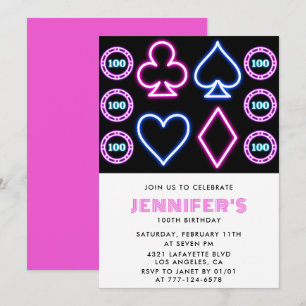 100th birthday invitations Casino theme Poker Girl