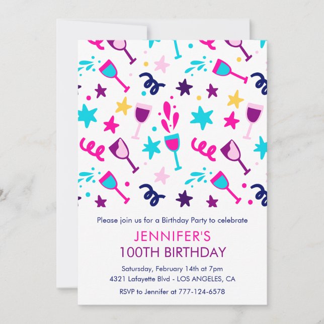 100th birthday invitations Cocktail Modern Pink (Front)