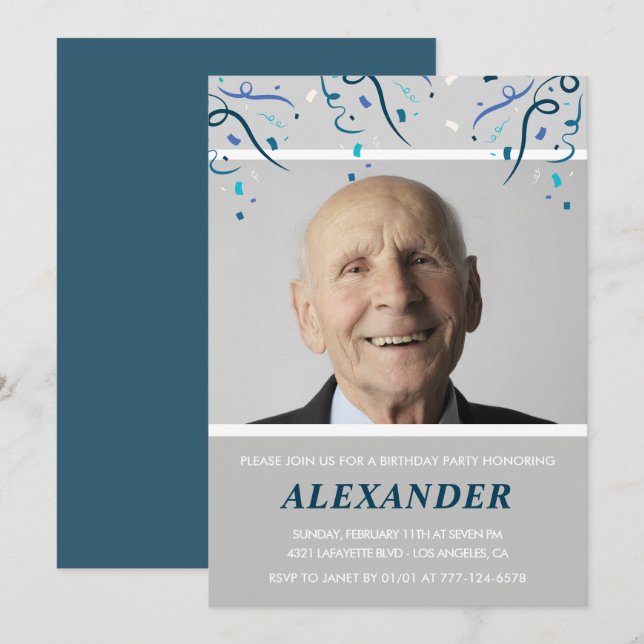 100th birthday invitations Men Confetti Photo Navy (Front/Back)