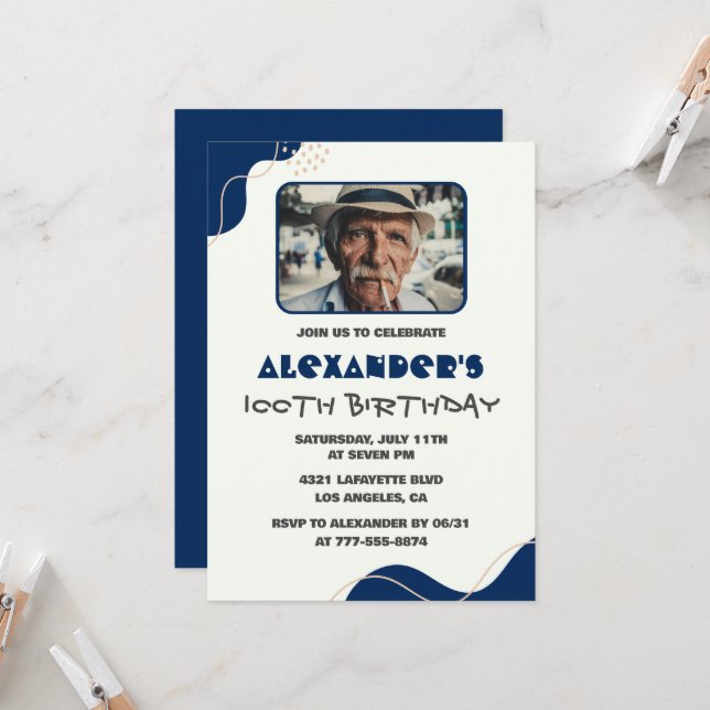 100th birthday invitations Men Navy Simple Photo (Front/Back In Situ)
