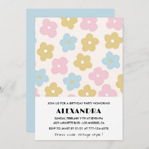 100th birthday invitations Retro Blue Pink Floral