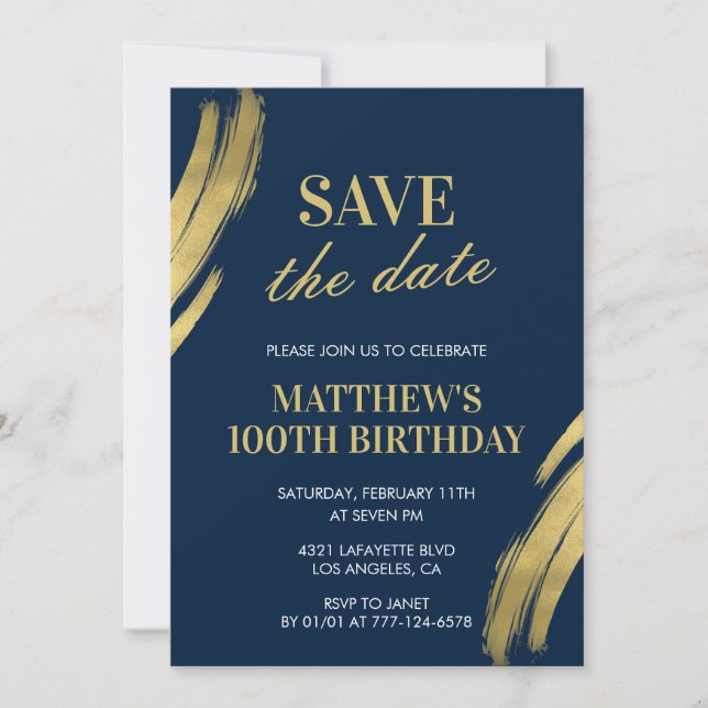 100th birthday invitations Save the date Navy Gold (Front)