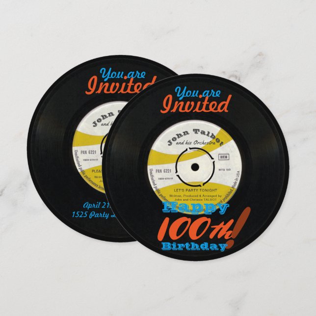 100th Birthday Invite Retro Vinyl Record 45 RPM (Front/Back)