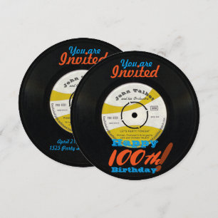 100th Birthday Invite Retro Vinyl Record 45 RPM