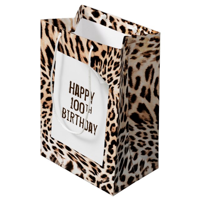 100th Birthday Leopard Fur Print  Medium Gift Bag (Front Angled)