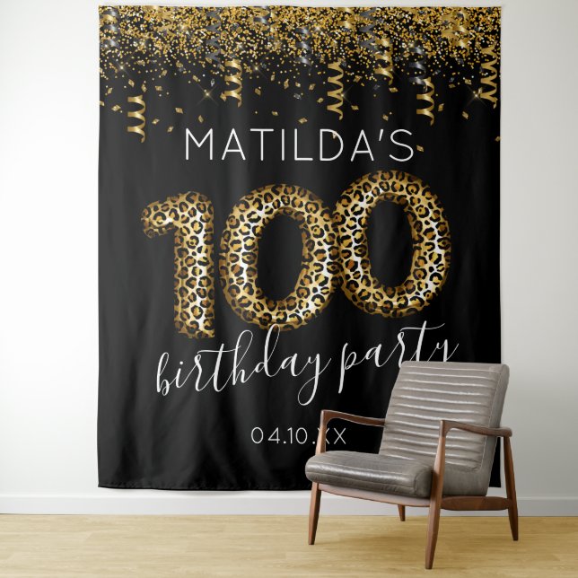 100th Birthday Leopard Print Photo Backdrop Tapestry (In Situ)