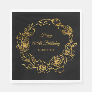 100th Birthday Luxe Gold Rose Black Napkin