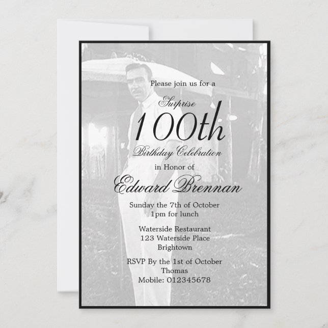 100th Birthday Male Stylish Photo Monogram  Invitation (Front)
