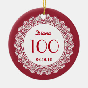 100th Birthday Memento White Lace A06 RED Ceramic Tree Decoration