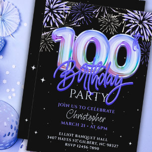 100th Birthday Mens Blue Fireworks Foil Balloon  Invitation