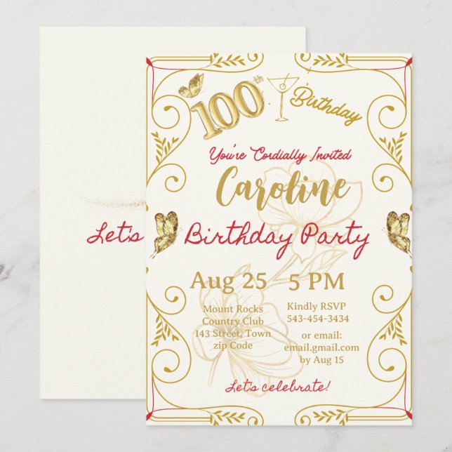 100th Birthday Milestone Elegant Invitation (Front/Back)