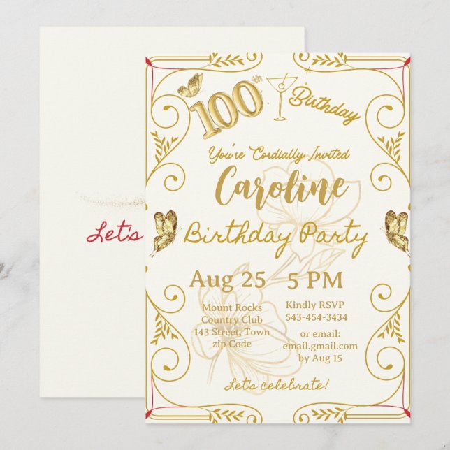 100th Birthday Milestone Elegant Invitation (Front/Back)
