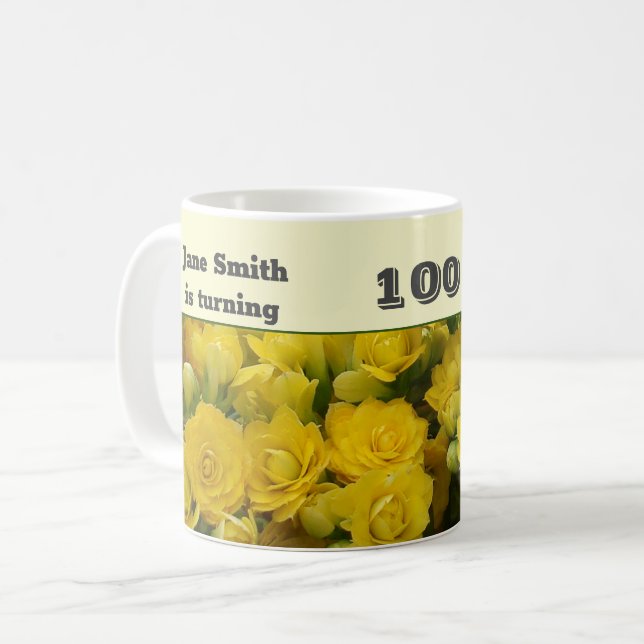 100th Birthday Milestone Yellow Flower Floral Coffee Mug (Front Left)