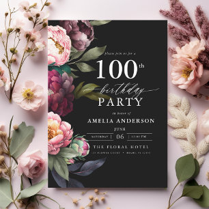 100th Birthday Modern Moody Burgundy Blush Floral Invitation