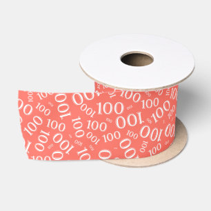 100th Birthday Modern Number Pattern Coral/White Satin Ribbon
