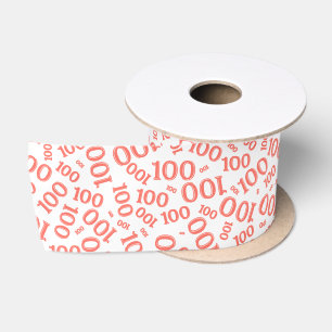 100th Birthday Modern Number Pattern Coral/White Satin Ribbon