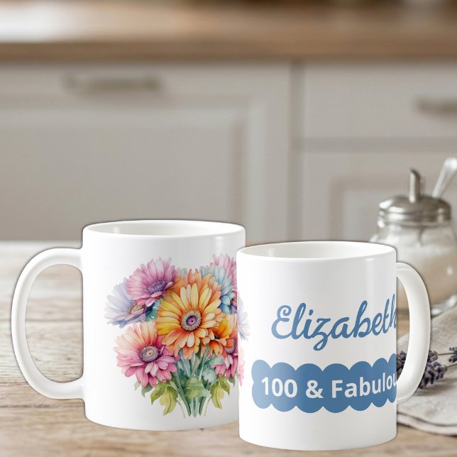 100th birthday name gerbera flowers blue coffee mug (Creator Uploaded)