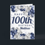 100th Birthday Navy Balloons Card<br><div class="desc">A gorgeous navy and silver balloon happy 100th (or any age) birthday card. This fabulous design is the perfect way to wish someone a happy hundredth birthday (or change the age!) Personalise with our own custom name and message. Blue coloured typography and gorgeous navy blue and silver balloons.</div>
