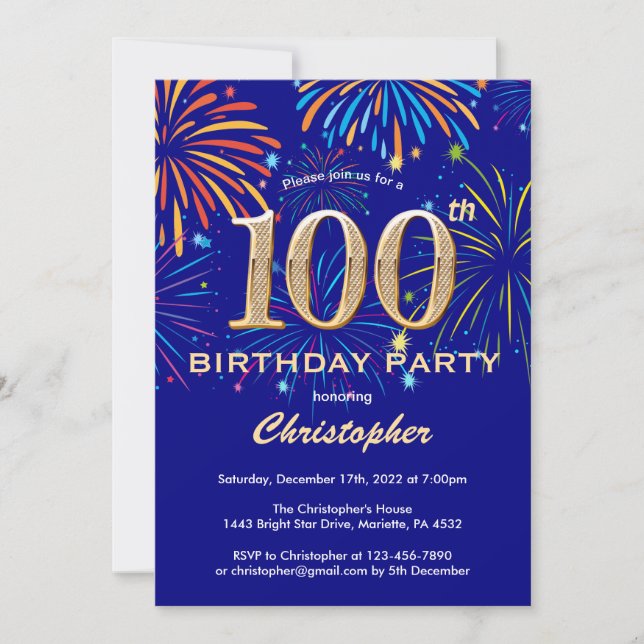 100th Birthday Navy Blu and Gold Rainbow Fireworks Invitation (Front)
